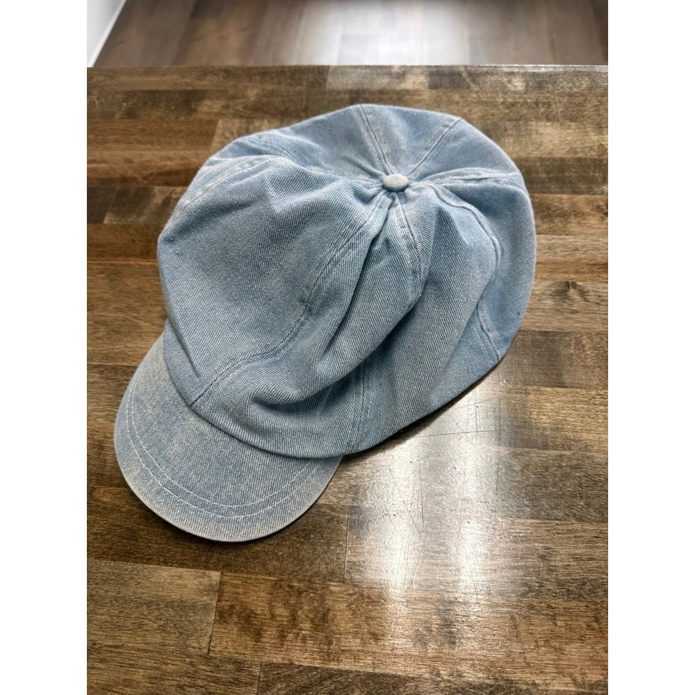 Cara Park Light Wash Denim Newsboy Cap Baker Boy Hat Light Blue Cotton